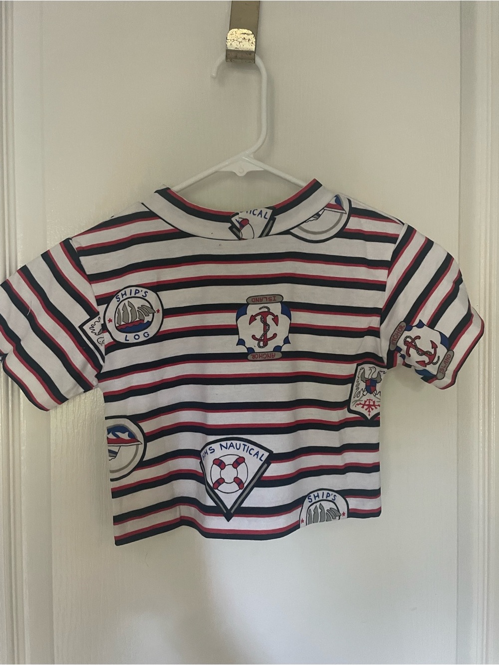 Hand made. Nautica White Red & Navy Striped Kids Tee with Nautical Patches